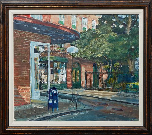 Wendall (Louisiana), "Blue Dog Gallery," 1999, oil on canvas, signed and dated lower left center, presented in a wood frame, H.- 19 1/2 in., W.- 23 3/