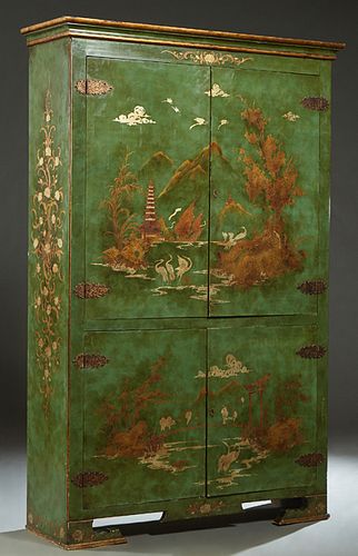 Chinoiserie Paint Decorated Buffet a Deux Corps, 20th c., possibly Italian, in green and gilt paint with Chinese figural, landscape and bird decoratio