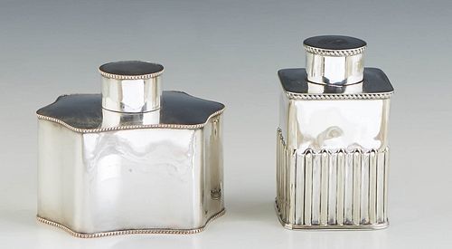 Two Silverplate Tea Caddies, 20th c., one of reeded square form by Roberts and Belk, Sheffield; the second silverplate on copper, of lobed rectangular
