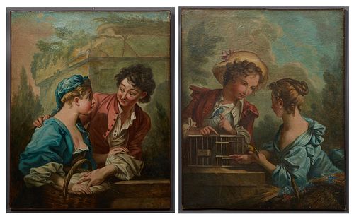 French School, "Lovers with Basket of Eggs," and "Lovers with Songbirds," 18th c., pair of oils on canvas, unsigned, unframed, H.- 32 in., W.- 25 in.,