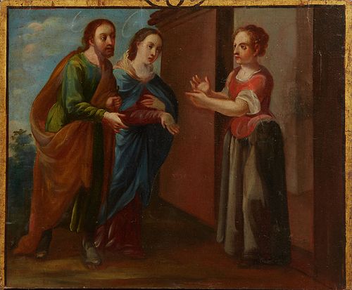 Old Master School, "Mary and Joseph Turned Away at the Inn," 18th c., oil on canvas, unsigned, canvas stamped indistinctly en verso, possibly with a c