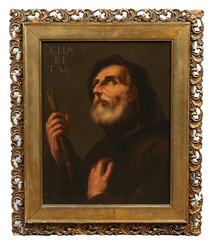 Old Master School, V. Reseigno (Italian), "St. Francis of Paola," 1898, oil on canvas, signed and dated lower left, presented in a gold leaf and gesso