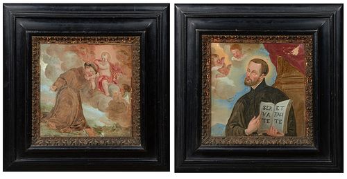 Old Master School, "Friar and Putti" and "St. Cajetan with Putti," 19th c., verre eglomise, unsigned, each presented in wood frames, H.- 10 in., W.- 1