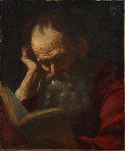 Continental School, "St. Jerome Reading," early 19th c., oil on canvas, unsigned, unframed, H.- 21 1/4 in., W.- 17 1/4 in.
