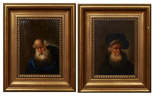 Old Master School, "Saint in a Hat" and "Saint in a Blue Cloak," 19th c., two oils on board, unsigned, presented in gilt wood frames, H.- 9 3/4 in., W