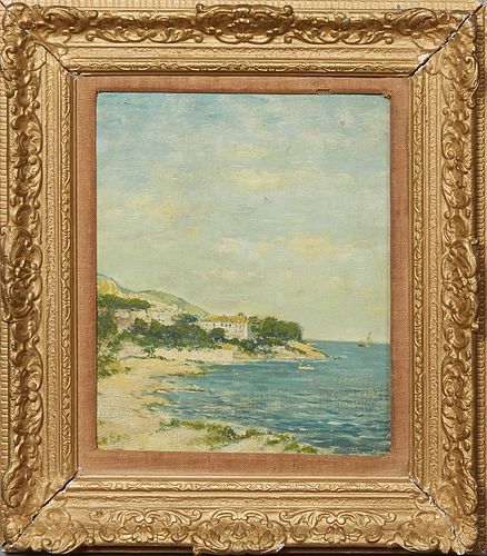 Eugene Boudin (1824-1898, French), "Coastal Scene," 19th c., oil on board, signed lower left, presented in a gilt and gesso frame, H.- 10 ½ in., W.- 8