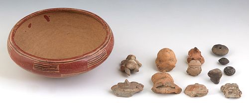 Pre Columbian Pottery Bowl, with nine pre-Columbian pottery figural fragments, and three pre-Columbian pottery circular beads, Bowl- H.- 3 3/4 in., Di