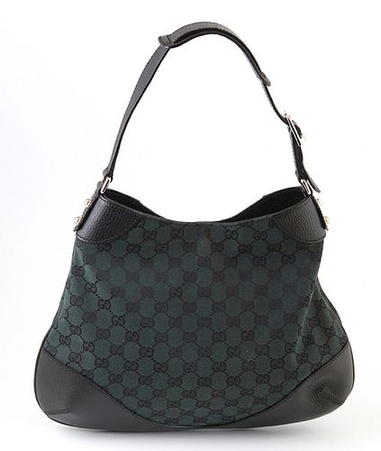 Gucci Dark Green Monogrammed Canvas Hobo Bag Shoulder Bag, the black leather corners and adjustable strap with silver hardware, opening to a black int