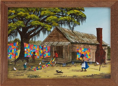 Jack R. Meyers (1930-1994, Louisiana), "Airing the Quilts," 1970, acrylic on canvas board, signed and dated lower left, presented in a wood frame, H.-