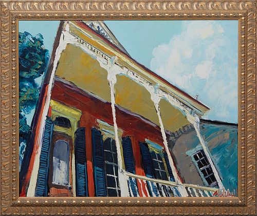 James Michalopoulos (1951-, Pennsylvania/New Orleans), "New Orleans House," 21st c., oil on canvas, signed lower right, presented in a gilt frame, H.-