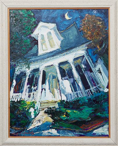 James Michalopoulos (1951-, Pennsylvania/New Orleans), "New Orleans Center Hall Cottage," 1998, oil on canvas, signed lower left, signed and dated en 