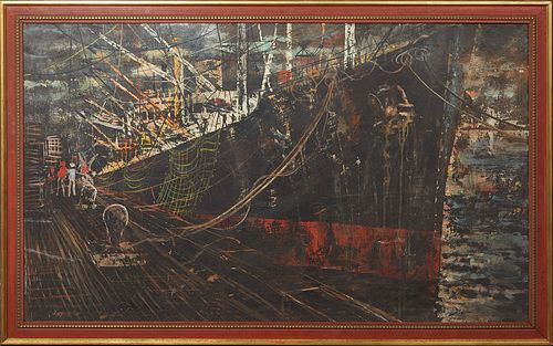 Noel Rockmore (1928-1995, New Orleans), "Joy, New Orleans Wharf," 1964, acrylic on Masonite, signed, dated and titled lower left, with E. L. Borenstei
