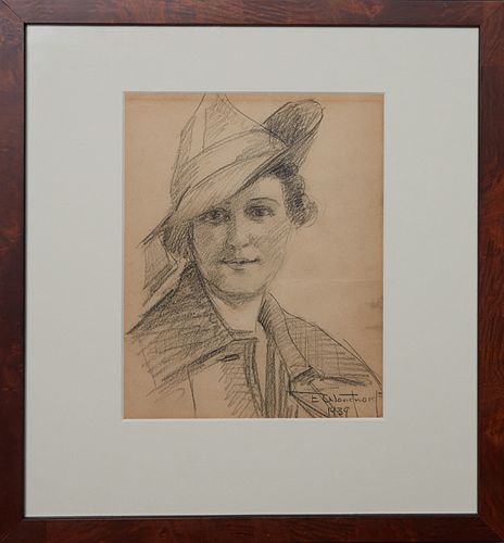 Ellsworth Woodward (1861-1939, Massachusetts/New Orleans), "Woman in a Hat," c. 1939, charcoal on paper, signed and dated lower right, label en verso,