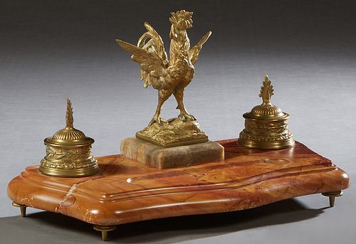 Continental Gilt Bronze and Marble Inkstand, 20th c., with a central bronze rooster, in the manner of Nicolas Auguste Cain (1821-1894, French ), flank