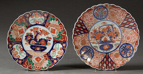 Two Imari Porcelain Chargers, late 19th c., with scalloped rims and floral medallion borders around central reserves of flower filled urns, in the typ