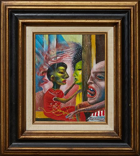 Noel Rockmore (1928-1995, New Orleans), "Four Varying Figures," 20th c., acrylic on masonite, signed lower right, presented in a wood frame, H.- 9 1/2