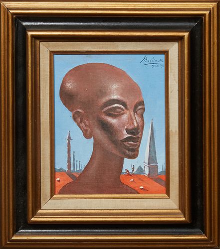 Noel Rockmore (1928-1995, New Orleans), "Pharaoh Ikhnaton," 1990, acrylic on canvas board, signed and dated upper left, presented in a gilt wood and e