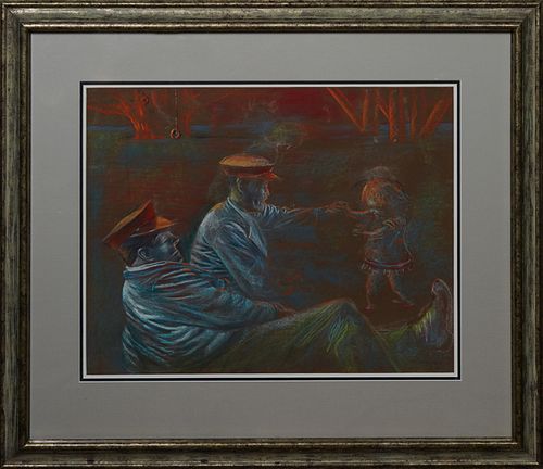 Noel Rockmore (1928-1995, New Orleans), "Three Figures in a Park," 1988, chalk pastel on paper, signed and dated lower right, presented in a frame, H.