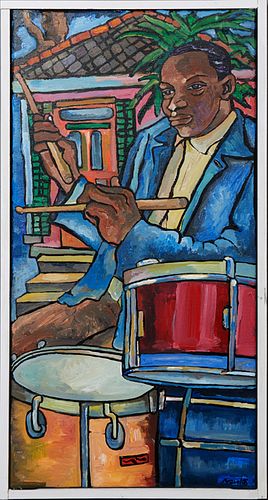 Larry Nevil (1942-, Louisiana), "Outdoor Drummer," 2005, acrylic on canvas, signed and dated lower right, presented in a painted wood frame, H.- 26 1/