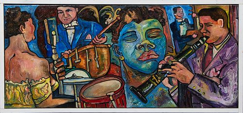 Larry Neville (New Orleans), "Jazz Club, New Orleans," 2007, acrylic on canvas, signed and dated lower right, presented in a white frame, H.- 11 3/8 i