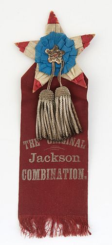 Andrew Jackson Silk Campaign Combination Ribbon, early 19th c., suspended from a red, white and blue five point star with silver thread tassels, H.- 8