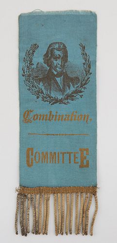 Andrew Jackson Silk Campaign Ribbon Committee, early 19th c., with a printed portrait of Jackson, and gold thread tassels, H.- 7 1/4 in., W.- 2 1/2 in