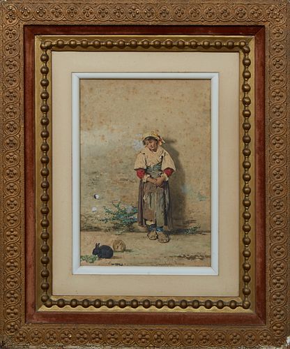 Guerrino Guardabassi (1841-1893, Italian), "Young Roma Peasant Girl with Two Rabbits," late 19th c., watercolor on board, signed lower right, presente