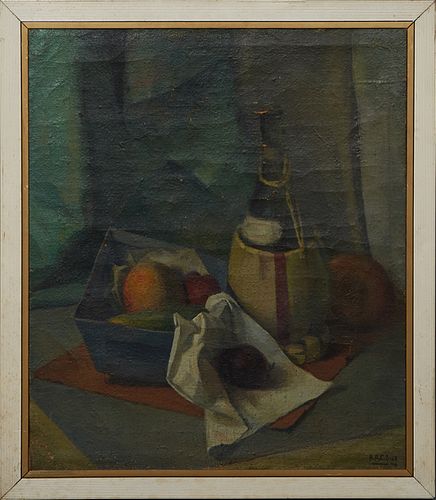 P.A.C. Sica, "Still Life of Fruit and Wine," 1940, oil on burlap, signed and dated lower right, signed "SICA" en verso, presented in a wood frame, H.-