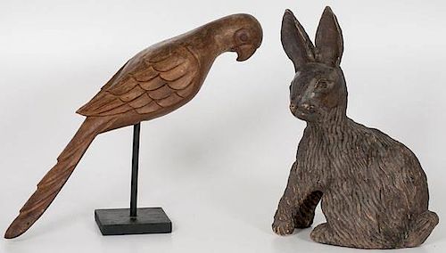 Folk Art Carved Rabbit and Parrot 