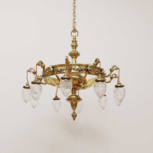 A large brass ten-branch ceiling light,