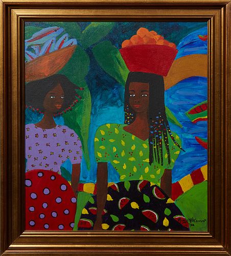 Mary McConnor, "Two Women Carrying Baskets on Their Head," 2002, acrylic on canvas, signed and dated lower right, presented in a gilt frame, H.- 14 3/