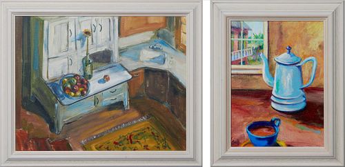 Kenneth Wayne Cook (New Orleans), "Artist's Kitchen" and "Coffee," late 20th c., oil on board and oil on canvas, the first signed lower right, the sec