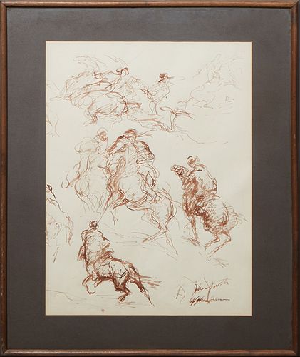 John Groth (1908-1988, Texas/New York/Illinois), "Afghan Horsemen," 20th c., ink on paper, signed indistinctly and titled lower right, presented in a 