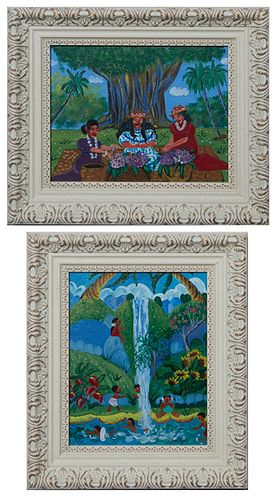 Poor Lydia (Hawaii), "Children at a Waterfall" and "Women Arranging Flowers," 21st c., acrylic on board, signed lower right, presented in painted fram