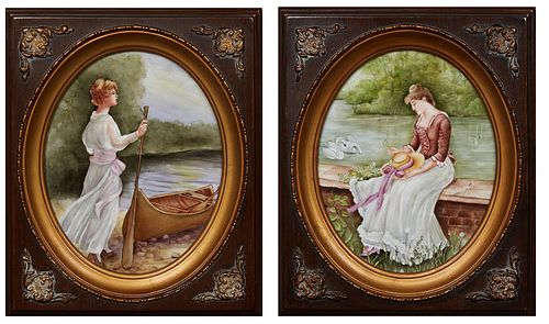 Dot Savoy (American), Two Porcelain Plaques, 2007, One of a woman by a Canoe on the shore; the second of a woman with two swans, one signed lower righ