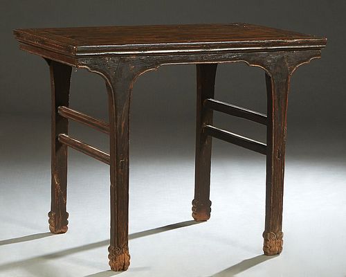 Chinese Dynasty Style Carved Elm Wine Table, the reeded rectangular top over an arched skirt, on four sword legs, joined by rectangular stretchers, H.