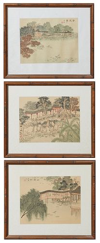 Oriental School, "Three Landscape Scenes," 20th c., watercolors, with a red seal mark, presented in matching faux bamboo frames, H.- 8 7/8 in., W.- 10