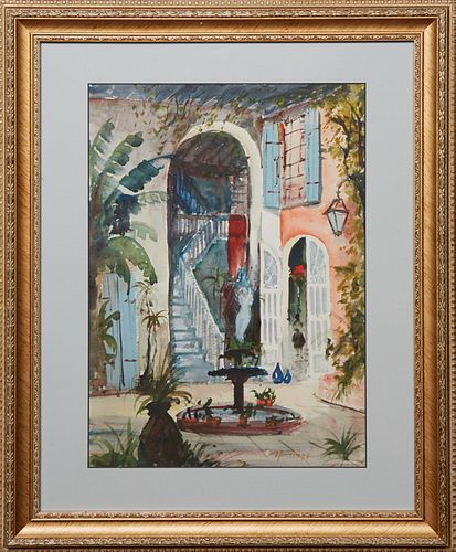 Nestor Fruge (1916-2012, Louisiana), "New Orleans Courtyard Scene," 20th c., presented in a gilt frame, H.- 16 in., W.- 11 1/2 in., Framed H.- 23 in.,