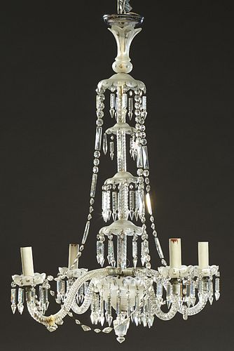 Late Victorian Prism-Hung Cut and Frosted Glass Four Arm Chandelier, late 19th c., with a cut glass vasiform stem with graduated frosted bobeches hung