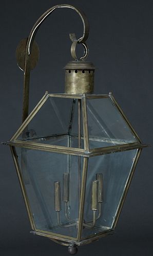 Contemporary Brass and Glass Four Light Wall Mount Outdoor Lantern, 20th c., matching previous lot, H.- 35 in., W.- 15 in., D.- 16 1/2 in., matching p