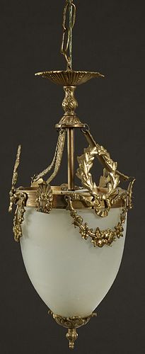 Brass and Frosted Glass Hall Light, 20th c., with a brass canopy to four brass hangers to a rim with pierced garland decoration, around a tapered fros