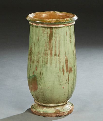 Large French Provincial Glazed Terracotta Footed Baluster Jar, 19th c., in green glaze, H.-25 in., Dia.- 13 in.