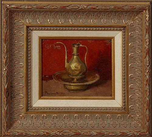 Hovsep Pushman (1877-1966, New York/Armenia), "Still Life of Metal Flagon and Bowl," 1920, oil on board, signed and dated lower left, presented in a g