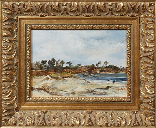 Continental School, "Country Side Beach," 20th c., oil on board, signed indistinctly lower right, presented in a gilt relief frame, H.- 4 1/2 in., W.-