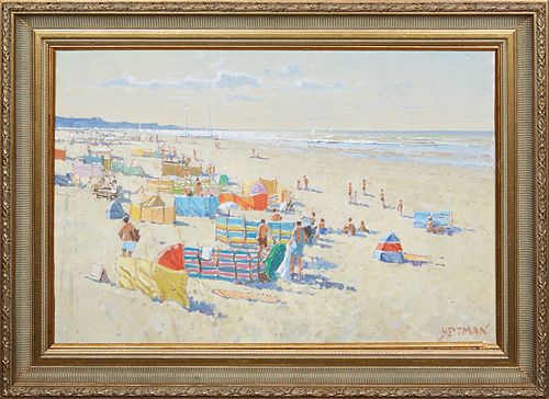 Willem Heytman (1950-, Dutch) , "Summer Day at the Beach," 20th c., oil on panel, signed lower right, presented in a gilt and gesso frame, H.- 16 1/2 