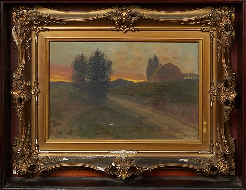 Augustus Lux (American), "Farmhouse at Sunset," 20th c., oil on canvas, presented in a gilt and gesso frame, mounted inside of a wooden box, H.- 11 3/