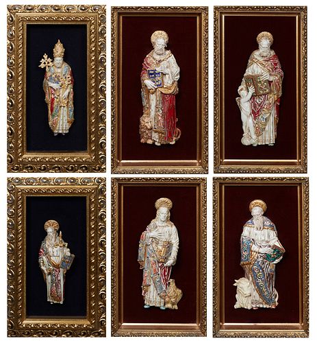 Eugenio Pattarino (1885-1971, Italian), Group of Six Polychromed Ceramic Figures of Male Saints, 20th c., each presented in a gilt shadowbox frame wit