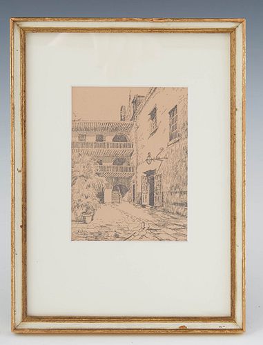 George Frederick Castleden (1861-1945, English/Louisiana), "New Orleans Courtyard Interior," 1922, etching on paper, signed and dated in plate lower l