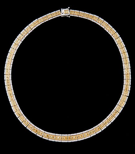18K White Gold Link Necklace, each of the seventy graduated rectangular links with two central yellow round diamonds, flanked by borders of small roun