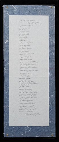Malaika Favorite (1949-, Louisiana), "The River Flows Through Us," October 9, 1995, handwritten poem, ink on paper, titled signed and dated, mounted i